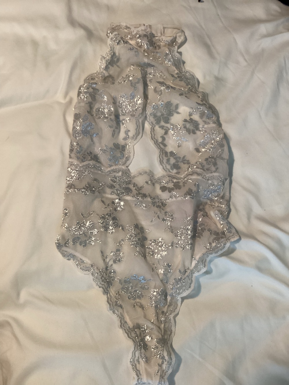 Victoria's Secret Sheer Cream Lace Bodysuit with Silver Floral Sequin